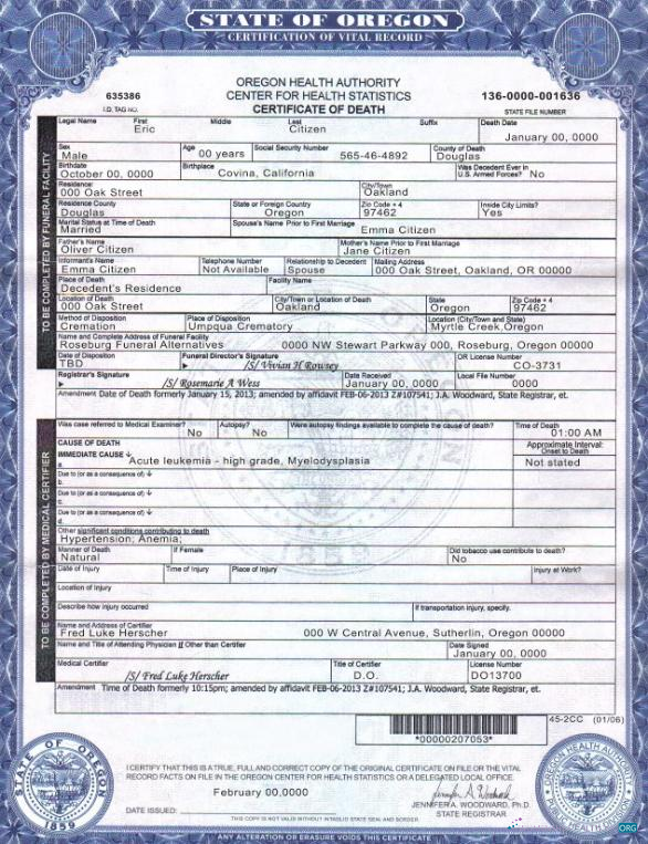 Download USA Oregon death cert Photoshop template